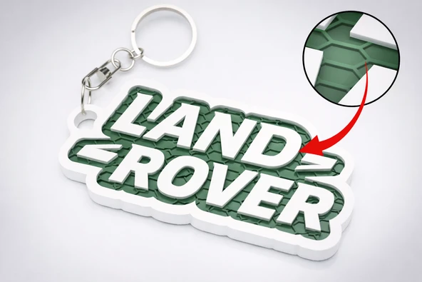3D Baskı Land Rover Yazılı Anahtarlık – Yeşil Beyaz Petek Desenli Off Road Araç Anahtarlığı ürün görseli 1