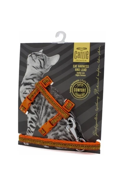 Cattie Dokumadan El Yapımı Kedi Göğüs & Gezdirme Takımı 1x25-40cm - Orange ürün görseli 1
