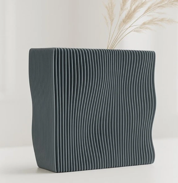 Modern Dalgalı Form Dekoratif Vazo - 3D Tasarım Antrasit Minimalist Masaüstü Obje & Estetik Kuru Çiçek Vazosu ürün görseli 1