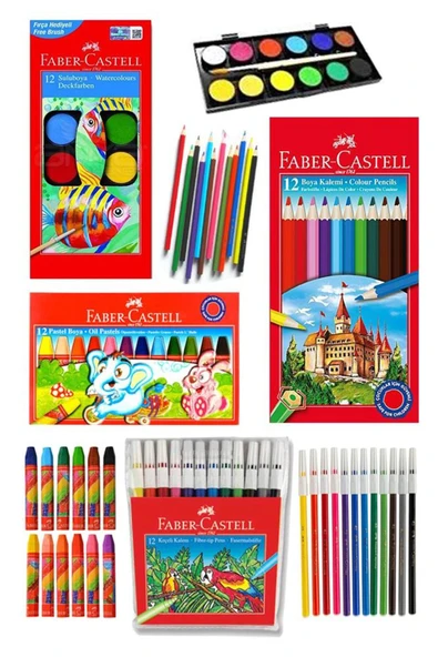 Öğrenci Boyama Seti  Faber 12 Renk Sulu Boya Kuru Boya Pastel Boya Keçeli Kalem 12 li Boya Set F ürün görseli 1