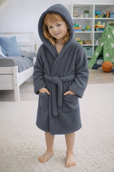 Luna Soft Kız / Erkek Çocuk Kapşonlu Pamuklu Bornoz Peluş Sabahlık Koyu Gri ürün görseli 1