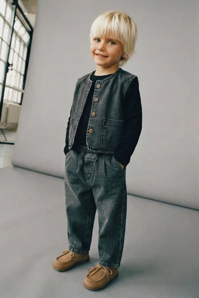Çocuk Denim Yelek ve Balon Pantolon Antrasit ürün görseli 1