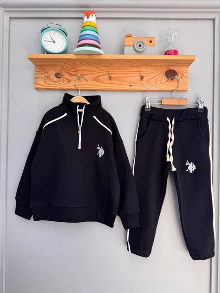 Şardonlu Siyah Slim Fit Çocuk Takımı – Yarım Fermuarlı Sweatshirt & Jogger Alt ürün görseli 1
