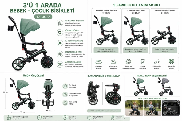 Globber Explorer 4in1 Katlanabilir Bisiklet Zeytin Yeşili ürün görseli 1