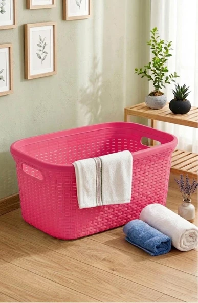 Pembe, Hasır Desenli Plastik Çamaşır Selesi - 25x35x53cm ürün görseli 1