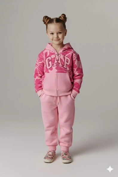 Nakışlı Kız Çocuk Takımı – Fermuarlı Kapüşonlu Sweatshirt & Eşofman Altı ürün görseli 1