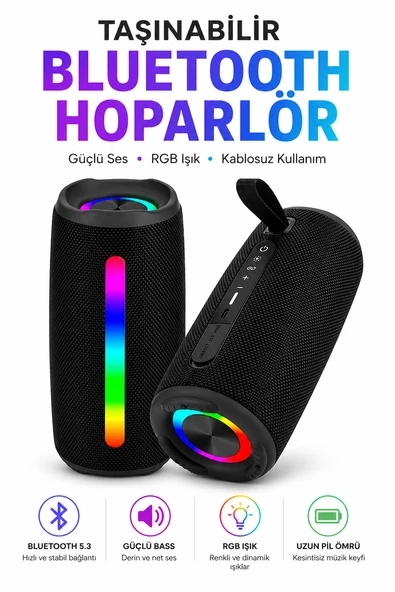 RGB Işıklı Bluetooth Hoparlör 16W Güçlü Bass TF Kart AUX FM Radyo Taşınabilir Speaker ürün görseli 1