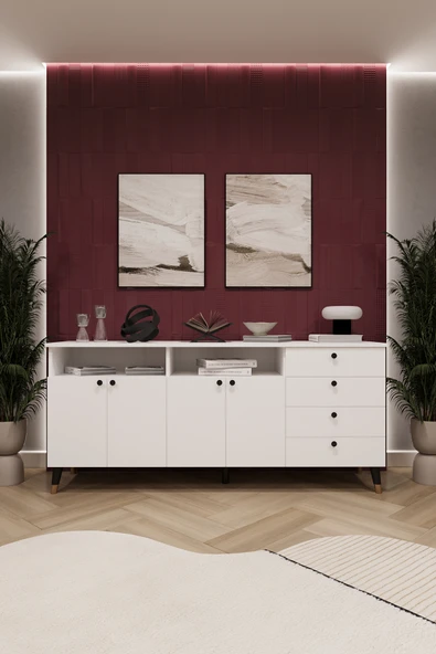 Lüks Konsol TV Ünitesi %100 MDF Salon ve Yemek Odası Ünitesi KNSL06  BEYAZ ürün görseli 1