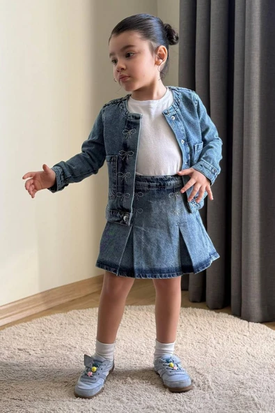 Kız Çocuk 3'lü Denim Ceket Şort Etek Tişört Takım ürün görseli 1
