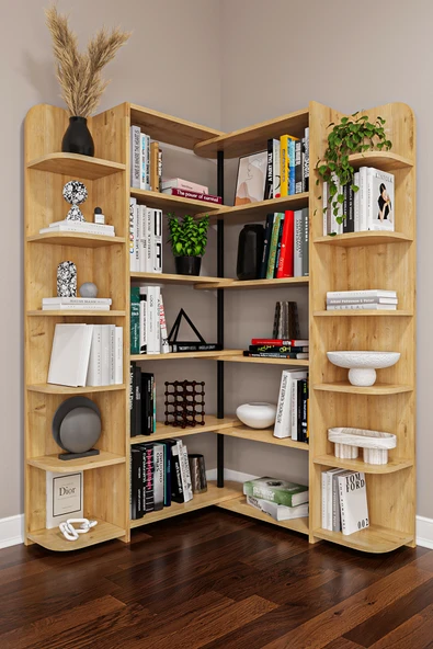 Modern Dönebilen Ayarlanabilir Raflı Ev Ofis Kitaplık %100 MDF Dekoratif Kütüphane Kitaplık DK01  SAFİR MEŞE ürün görseli 1