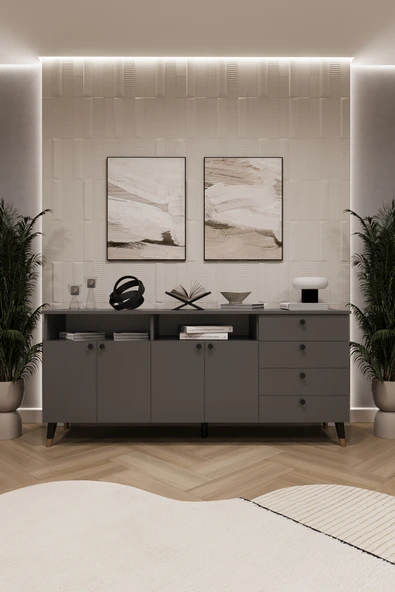 Lüks Konsol TV Ünitesi %100 MDF Salon ve Yemek Odası Ünitesi KNSL06  KOYU GRİ ürün görseli 1