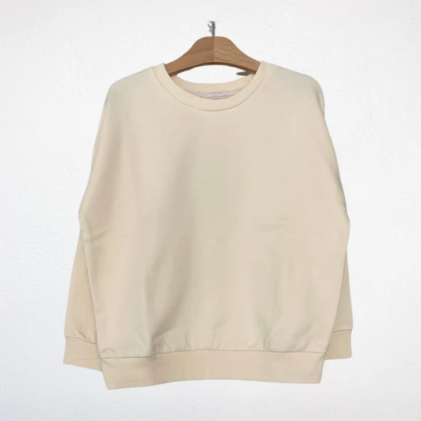 Oversize Basic Sweatshirt, 3 İplik Şardonlu– Krem - Resim 2