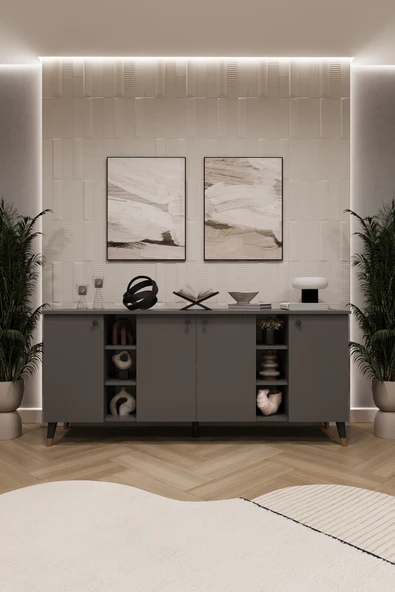 Lüks Konsol TV Ünitesi %100 MDF Salon ve Yemek Odası Ünitesi KNSL05  KOYU GRİ ürün görseli 1