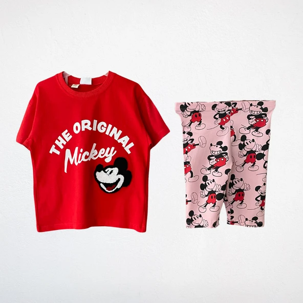 Kız Çocuk Mickey Baskılı Tişört ve Kısa Tayt Takım Kırmızı ürün görseli 1