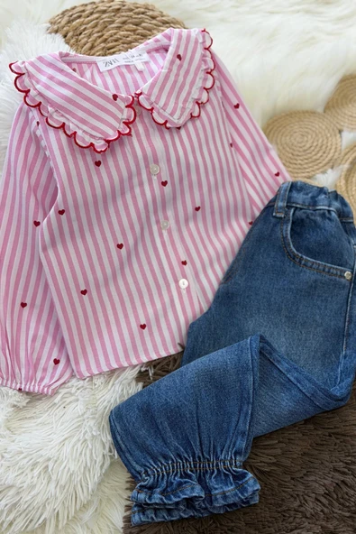 Kız Çocuk Pembe Kalp Detaylı Gömlek ve Pantolon ürün görseli 1
