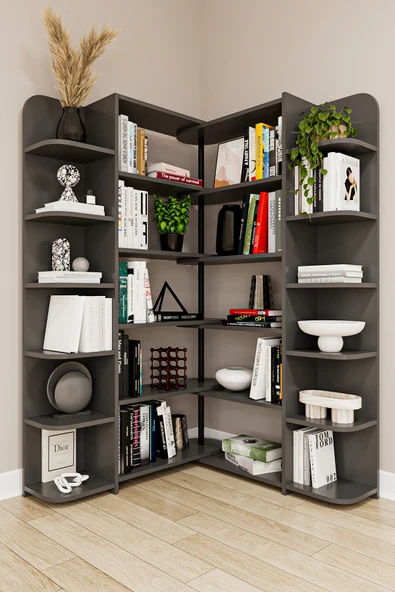 Modern Dönebilen Ayarlanabilir Raflı Ev Ofis Kitaplık %100 MDF Dekoratif Kütüphane Kitaplık DK01  KOYU GRİ ürün görseli 1