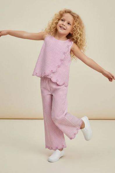 Kız Çocuk Nakışlı Bluz ve Pantolon Takım Pembe ürün görseli 1