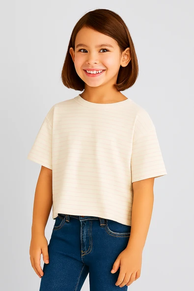Pudra Çizgili Oversize Crop Tişört ürün görseli 1