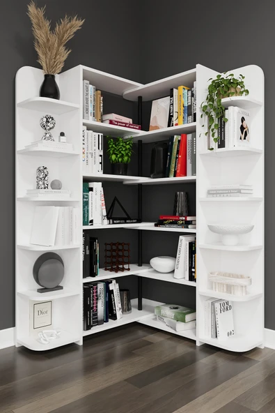 Modern Dönebilen Ayarlanabilir Raflı Ev Ofis Kitaplık %100 MDF Dekoratif Kütüphane Kitaplık DK01  BEYAZ ürün görseli 1