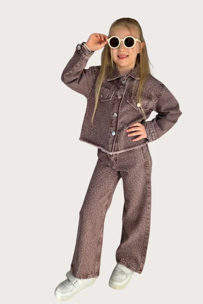 Kız Çocuk Taşlı Jean Pantolon - Ceket Takım (Kahverengi) ürün görseli 1