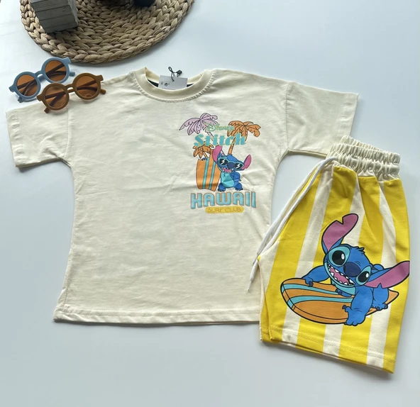 Kız Çocuk Stitch Baskılı Tişört ve Şort Takım Sarı ürün görseli 1