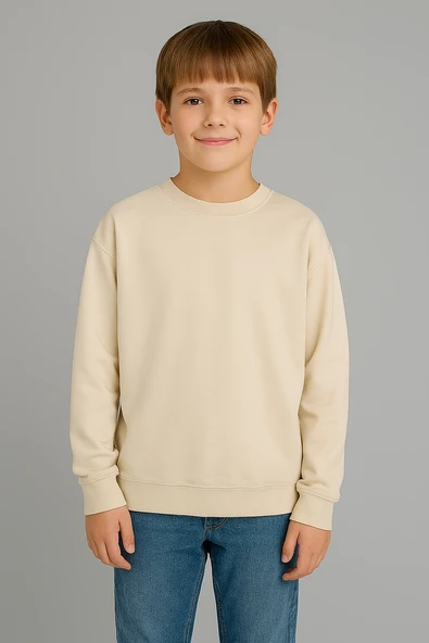 Oversize Basic Sweatshirt, 3 İplik Şardonlu– Krem ürün görseli 1