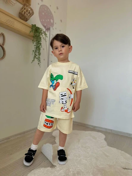 Minecraft Baskılı Erkek Çocuk Takımı (Bej) ürün görseli 1