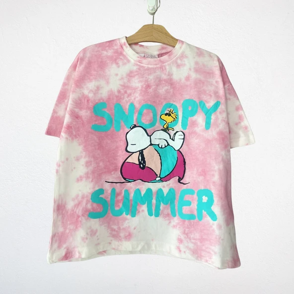 Pembe Batik Snoopy Summer Baskılı Tişört - Resim 3