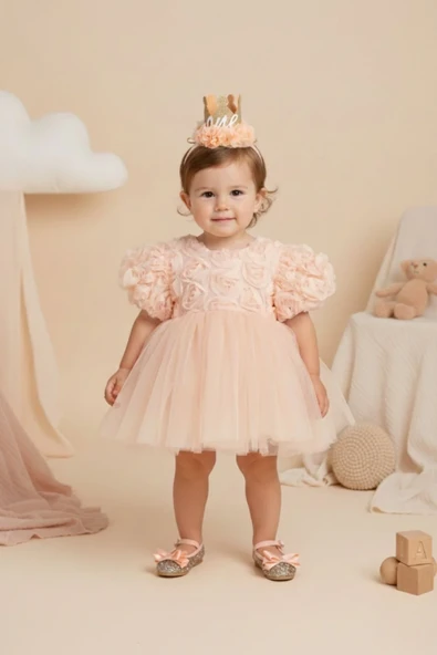 Kız Bebek Gül Detaylı Elbise Elina Somon ürün görseli 1