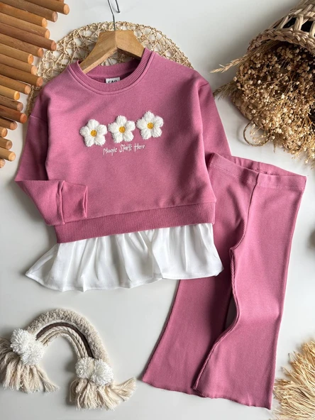 Çiçek İşlemeli Gül Kurusu Kız Çocuk Takımı – Sweatshirt & Geniş Paça Tayt, 2–8 Yaş ürün görseli 1