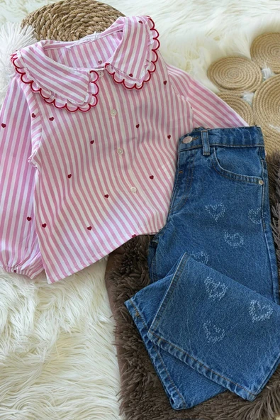 Mini Kalp Baskılı Gömlek & Kalp Detaylı Kot Pantolon Takım (Pembe) ürün görseli 1