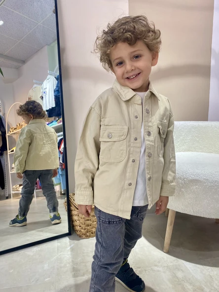 ​​​​​​​Çocuk Denim Ceket – Düğmeli, Rahat Kesim, Bej ürün görseli 1