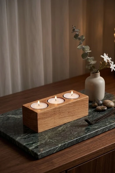 3'lü Ahşap Mumluk - 15x6x5 cm - Doğal Kayın Ağacı Dekoratif Hediyelik ürün görseli 1