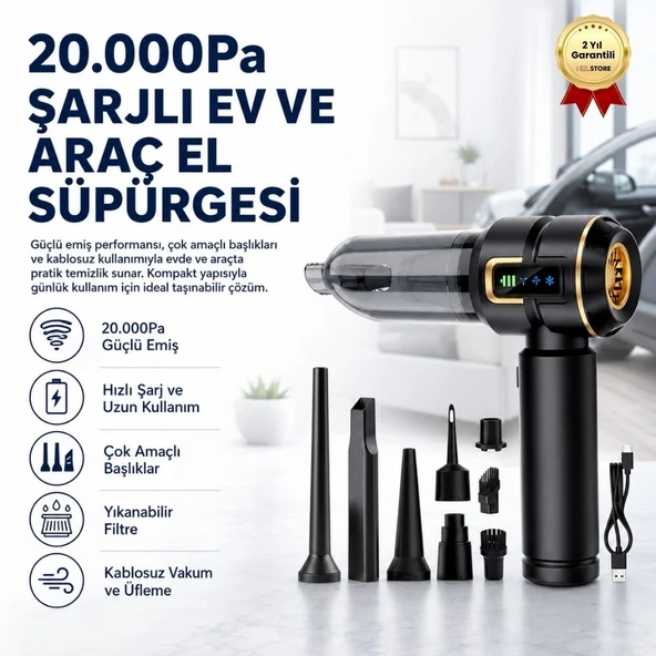 20000Pa Emiş Güçlü Taşınabilir Şarjlı Ev ve Araç Süpürgesi ürün görseli 1