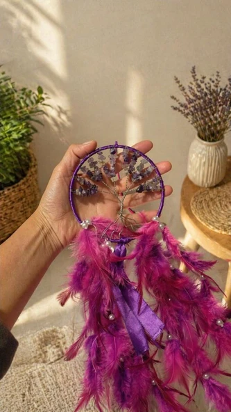 Ametist Doğal Taşlı İncili Rüya Kapanı (Dreamcatcher) 50 cm İncili  Duvar Süsü ürün görseli 1