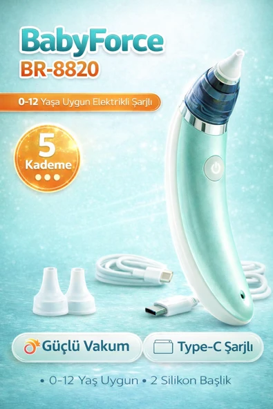Babyforce BR-8820 Şarjlı Elektrikli Bebek Burun Aspiratörü 0-12 Yaş 5 Kademe Güçlü Vakum ürün görseli 1