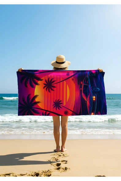 Retro Sunset Palmiye ve Araba Desenli Plaj Havlusu – Neon Yaz Teması ürün görseli 1