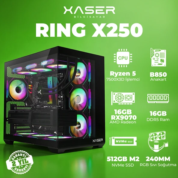 Xaser Ring X250 Ryzen 5 7500X3D 16GB DDR5 Ram 512GB M.2 NVMe SSD 16GB RX9070 Masaüstü Oyuncu Bilgisayarı ürün görseli 1