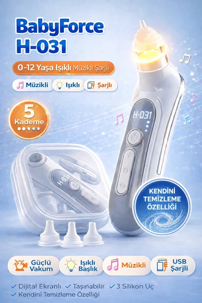 Babyforce H-031 Şarjlı Kendini Temizleyen 5 Kademe Burun Aspiratörü 0-12 Yaş Işıklı Müzikli Nazal Aspiratör ürün görseli 1