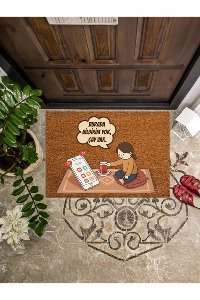 Burada Bildirim Yok Çay Var Kapı Önü Paspası 45x65 ürün görseli 1