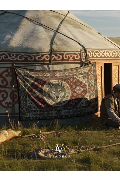 Orhun Motifli Kurt Figürlü Türk Kültürü Duvar Örtüsü ürün görseli 1