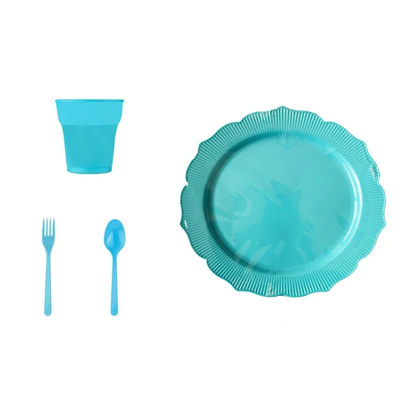 Omeyva 26 Cm. Plastik Mika Turkuaz Sorfa Piknik Seti - 6 Kişilik Tabak Bardak Çatal Kaşık Takımı ürün görseli 1
