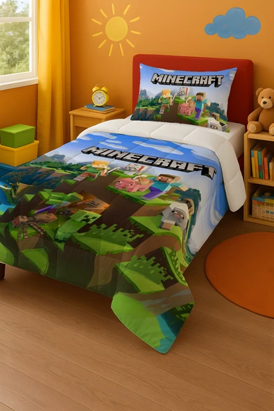 Minecraft Tek Kişilik Yorgan ve Yastık Kılıfı 150x220 ürün görseli 1