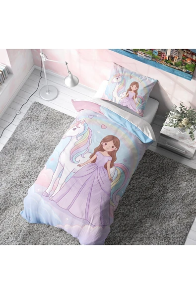 Mor Elbiseli Unicornlu Çocuk Nevresim Takımı (Çarşafsız) ürün görseli 1