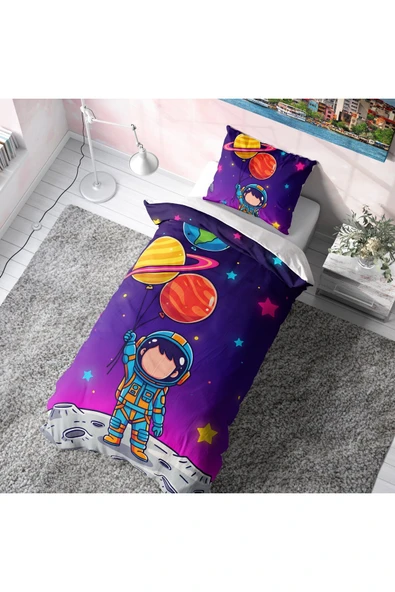 Gezegen Balonlu Astronot Desenli Çocuk Nevresim Takımı (Çarşafsız) ürün görseli 1