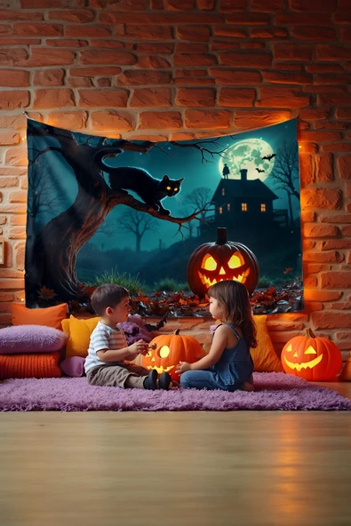 Kedi Temalı Halloween Duvar Halısı - Resim 4
