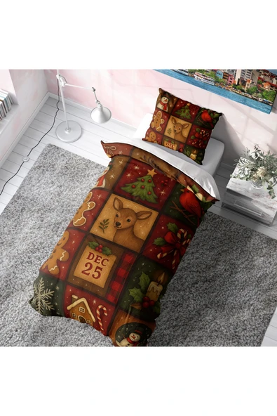 Dec 25 Patchwork Geyik Desenli Tek Kişilik Yılbaşı Nevresim Takımı ürün görseli 1