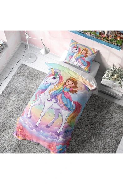 Unicorn Üstündeki Prenses Çocuk Nevresim Takımı (Çarşafsız) ürün görseli 1