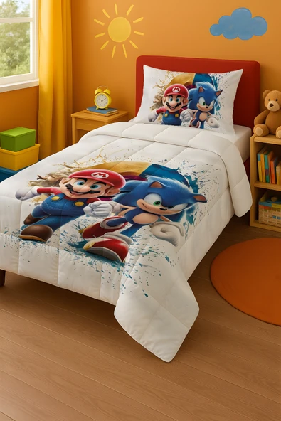 Mario Sonic Tek Kişilik Yorgan ve Yastık Kılıfı ürün görseli 1