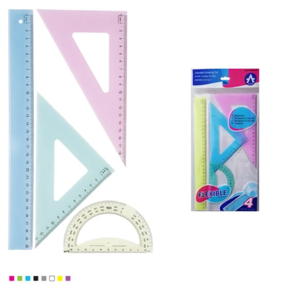 Esnek ve Kırılmaz 4’lü Çizim Seti Soft Renk (30 cm Cetvel, Gönye, İletki) ürün görseli 1